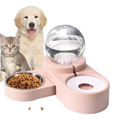 China Double Bowl Cat Water Dispenser 2IN1No-Spill Pet Food Water Bowl Automatic Durable Detachable Feeder Stainless Steel Dish for sale