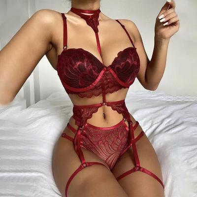 China 2021 Nylon Women's Lingerie Set Sexy Lace Mesh Hollow Out Open Push Up Bra And Panty Suit Black Bandage Two Piece Underwear for sale