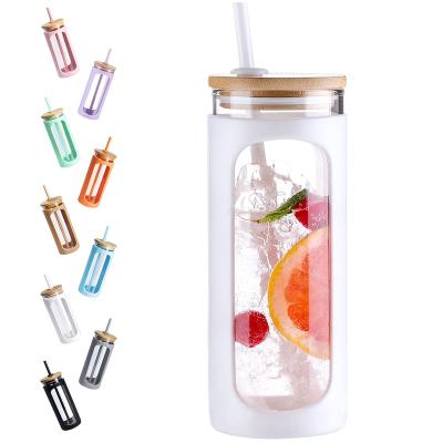 China 13oz Tumbler Glass Water Bottle Straw Silicone Protective Sleeve Bamboo Sustainable Glass Lid - Bpa Free Drinks Bottle for sale