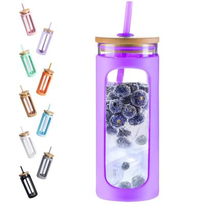 China High Quality Viable Borosilicate Glass Water Bottle 400ml With Silicone And Bamboo Sleeve Lid Tumbler With Same Color Glass Straw for sale