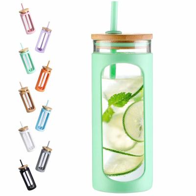 China 2023 Amazon Exclusive Viable Private Label Bamboo Lid Glass Water Bottle With Silicone Sleeve Tumbler Cups With Straw for sale