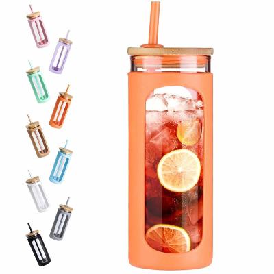 China Viable Drop Shipping Glass Water Bottle Straw Silicone Protective Sleeve Water Tumbler 400ml Bamboo Lid Bpa Free for sale