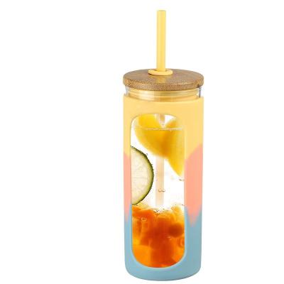 China 400ml Viable Glass Tumbler Bottle Of With Bamboo Lid And Straw Glass Cup Glass Water With Straw Silicone Sleeve for sale