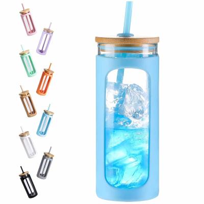 China Viable Custom Logo 400ml Travel Glass Mug With Silicone Sleeve Bamboo Lid Straw Glass Water Bottles for sale