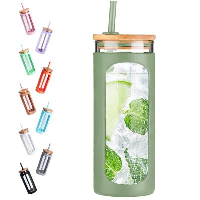 China High Quality Portable Viable Bamboo Lid Cup Silicone Tumbler Glass Water Bottle Glass Straw for sale