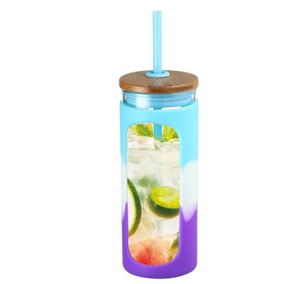 China Borosilicate Glass Water Sustainable Glass Bottle Silicone Tumbler 400ml Protective Sleeve With Bamboo Lid And Straw for sale