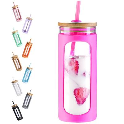 China Wholesale Luxury Premium Reusable Logo Borosilicate Drinking Glass Viable Custom Water Bottles With Silicone Sleeve Infuser Bamboo Lid for sale