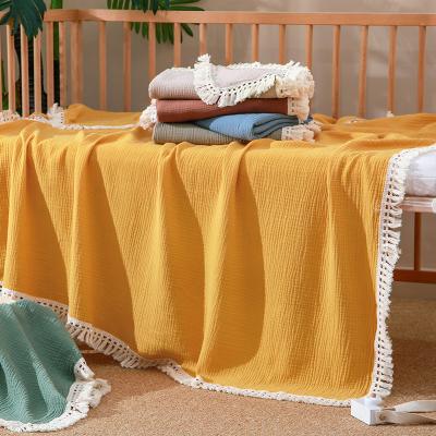 China Double Use Anti-Static Gauze Fringe Swaddle Newborn 100% Organic Cotton Muslin Tassel Blankets 2 Layers Wrap Warp for sale