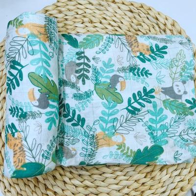 China PORTABLE Wholesale Super Soft Custom Printed Green Leaves Muslin Baby Wrap Bamboo Blanket for sale