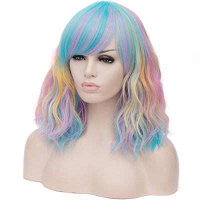 China Short Wave Wigs Anime Cosplay Halloween Christmas Colored Bangs Short Curls Heat Resistant Wigs for sale