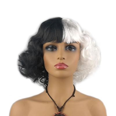 China Cruella De Vil Cosplay Wigs Black And White Fluffy Wavy Half Synthetic Hair Wig Super Wave Shorts For Halloween Bob Wavy Shorts for sale