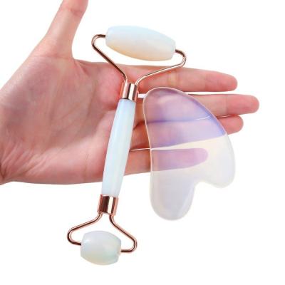 China Wholesale Premium Opalite Double Head Double Head Facial Massager Jade Roller Gua Sha Set for sale