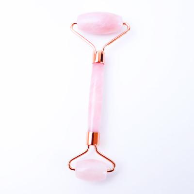 China Best Selling Double Head Beauty Natural Crystal Rose Quartz Massage Jade Pink Rose Mounted Facial Roller for sale