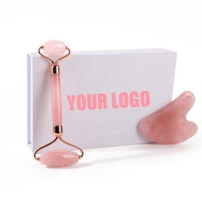 China Double Head 2 in 1 Custom Logo Face Rose Quartz Jade Roller For Natural Crystal Facial Massager Gua Sha Set for sale