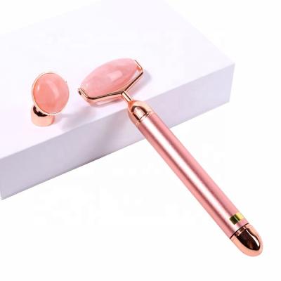 China Natural Pink Crystal Rose Quartz Dual Head Vibrating Jade Roller Electric Facial Massage for sale