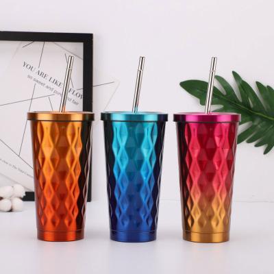 China Sustainable Stainless Steel Straw Coffee Cup Double Wall Thermos Thermo Mug With Straw for sale