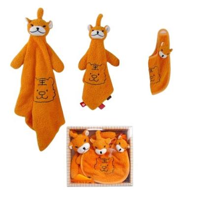 China Amazon Hot Selling 2022 Newborn Baby Soft Gift Set Smoother Soft Plush Animal Bibs Towel And Comfort Doll Baby Set 3 Pieces for sale