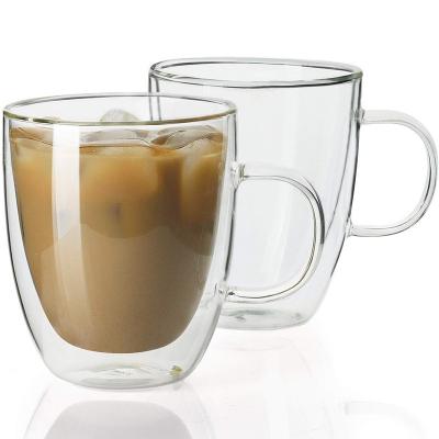 China Sustainable Double Walled Water Tea Milk Mug Coffee Tumblers High Borosilicate Insulated Glass Mug 350ml Handmade With Handle For Giftware for sale