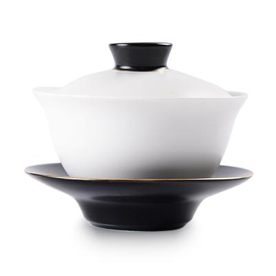 China Viable ready to ship porcelain ceramic matte black ana white gaiwan tea cups set gaiwan lid and bowl sancai for sale