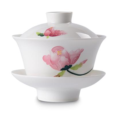 China Viable ready to ship porcelain ceramic hand painted lotus gaiwan tea cups set gaiwan lid and bowl sancai for sale