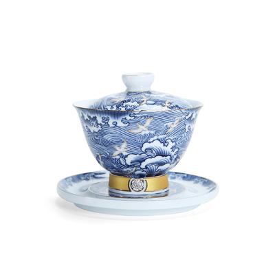 China Viable ready to ship porcelain sancai Gaiwan Chinese Tray Blue White Cup Tea tureen set bowl saucer cover for sale