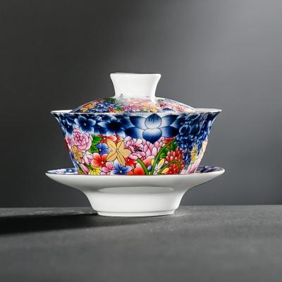 China Sustainable ready to ship color to enamel ceramic porcelain gaiwan tea cups set lid and bowl for sale