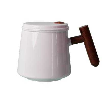 China Viable Luster Solid Color Porcelain Tea Infuser Ceramic Cup Lid Wooden Handle for sale