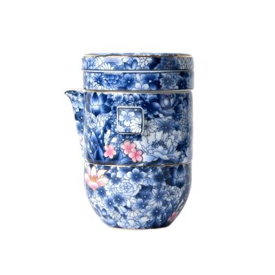 China Sustainable ready to ship ceramic portable blue and white tea travel mug set tea for a travel tea set with bag for sale