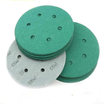 China 6 Inch Polishing Polyester Film 6-Holes Wet/Dry Hook & Loop Flocking Green Sanding Discs Paint Sandpaper 60-2000 Grit Grit for sale