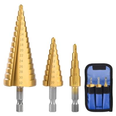 China Metal Drilling 3 Piece/Set Step Drill Bit 4-32mm 4-20mm 4-12mm HSS Titanium Coated Power Tools Metal Wood Hole Cutter Cone Drilling Drills for sale