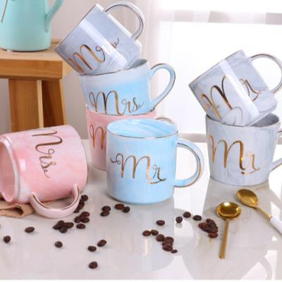 China Viable Marble Ceramic Coaster Set with Mr and Mrs Couple Mug Set for sale