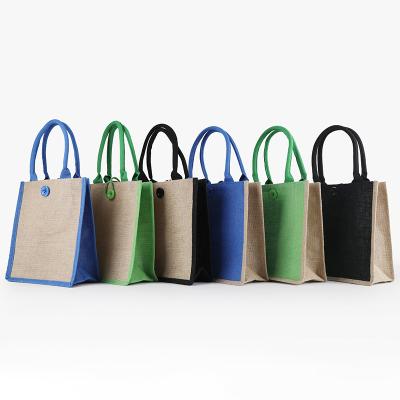 China Colorful Natural Folding Tote Canvas Tote Shopping Burlap Grocery Jute Bag With Button Closure for sale