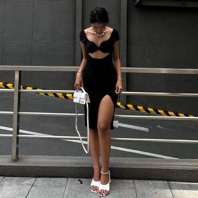 China Summer AD124 fashion girl's short sleeve hot casual sexy women's hollow out split dress anti-static short dresses for sale