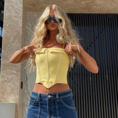 China QUICK DRY CT50 street trends slimming solid color shorts temperament lapel fishbone bustier crop tops for women for sale