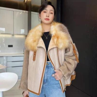 China New arrivals fashionable woman fur shearling shearling coat with fox collar and mink sleeve wholesale factory price for sale