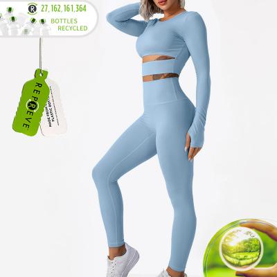 China ZC5858 Antibacterial Recycled Workout Equipments For Women 5 Pieces One Shoulder Crop Sustainable Bra Repreve High Waist Yoga Gaiters Sets One for sale