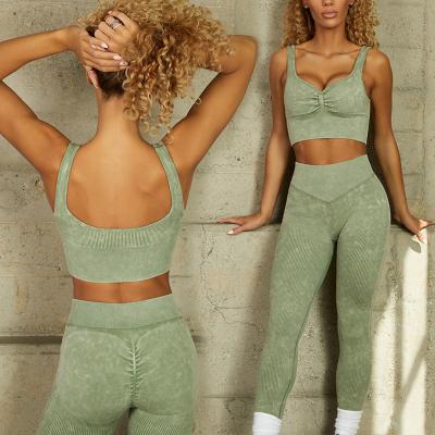 China Breathable acid wash athletic sports set women to butt gaiters and seamless ribbed set crac! crack! stretchy workout bra for sale