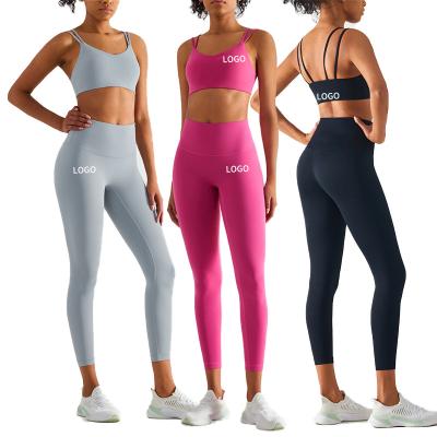 China WX1434 CK1237 Light Dummies Lulu Buttery Soft Double Thin Antibacterial Sports Bra Strap High Waist Workout Leggings Gym Fitness Set for sale