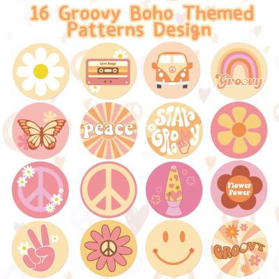 China 1000Pcs Waterproof Groovy Hippie Stickers in 2 Rolls for Girls Kids Teens Boho Rainbow Daisy Butterfly Flower Themed Self Adhesive Stickers for sale