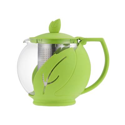 China Viable bespoke household glass pot with green leaf pattern stainless steel mesh inner brewing teapot, high temperature resistant for sale