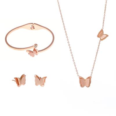 China TRENDY non-fading jewelry stainless steel ladies rose gold necklace earrings bracelet butterfly 3 pieces set for sale