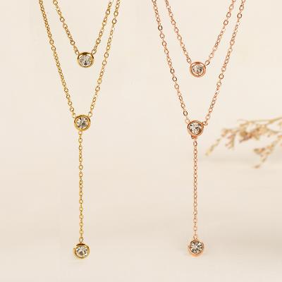 China TRENDY Stainless Steel Non-fading Rose 18K Gold Fashion Personality Zirconia Double Layer Stainless Steel Gold Plated Necklace for sale