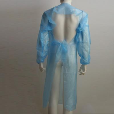 China Housework ; Disposable waterproof plastic beauty salon blue and white cpe patient gown with rubber rolled cuff available in standard and reinforced for sale