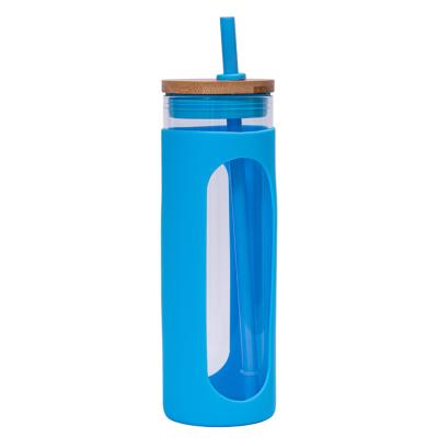 China Sustainable New Arrival 600ml Clear Glass Beverage Shaped Glass Soda Can With Bamboo Lid And Straw for sale