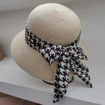 China Bucket Character Straw Summer Sun Hat Women Elegant Bucket Brim Fedora Cruise Travel Beach Cloche Wide Brim Ribbon Foldable Hats for sale