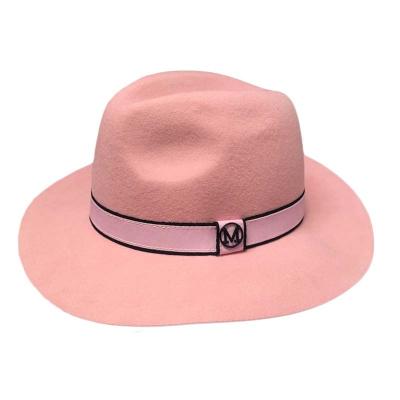 China Winter Formal Fashionable Hats Classic Band Ribbon Women Pink Wide Brim Felt Panama Hat Wool Fedora Hat for sale