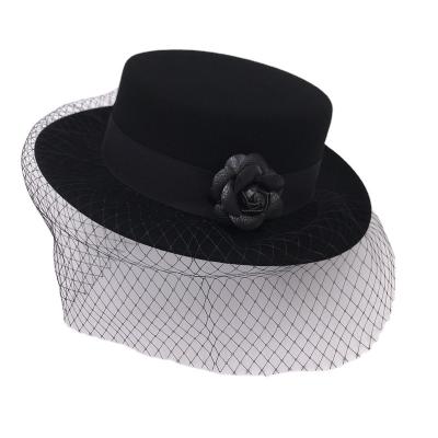 China Retro Casual Black Flower Veil Trimmed Wool Fedora Hats For Women 100% Wool Felt Hat Vintage Wide Brim Winter Hats for sale