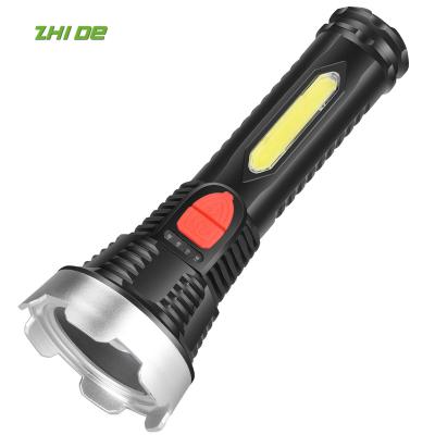 China Hot Selling ABS Rechargeable USB Lithium Battery Zoom Outdoor Hunting Rechargeable Built-in Power Show XHP50 Adventure Flashlight With COB Side Light for sale