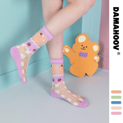 China Fashion Lovely Cartoon Jacquard Crystal Silk Women's Summer Transparent Sheer Sock Thin Cute Breathable Pink for sale