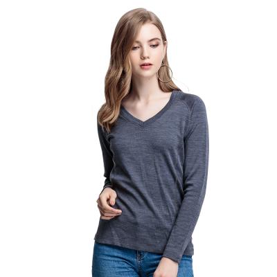 China Good Quality Merino Wool QUICK DRY Ready To Ship Moisture Absorbing Inner Outer V-neck Warm Thermal Long Sleeve T-Shirt For Woman for sale